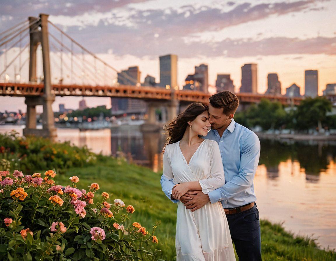 A romantic couple embracing in a picturesque Buffalo landscape, iconic landmarks like the Peace Bridge and Buffalo's skyline in the background. Soft, golden hour lighting enhances the intimacy of the moment, capturing laughter and joy as they create lasting memories. Include subtle elements of nature, such as blooming flowers and a gentle breeze, to evoke warmth and serenity. photography style. soft focus. vibrant colors.