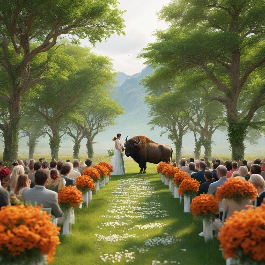 A beautifully composed scene depicting a wedding ceremony in a lush green landscape, seamlessly blending into a vibrant wildlife encounter with a majestic buffalo grazing nearby. The atmosphere captures joy, love, and nature's beauty, showcasing intricate wedding decorations and a serene natural habitat. Bright, inviting colors enhance the emotional connection between the two worlds. super-realistic. vibrant colors. 3D.