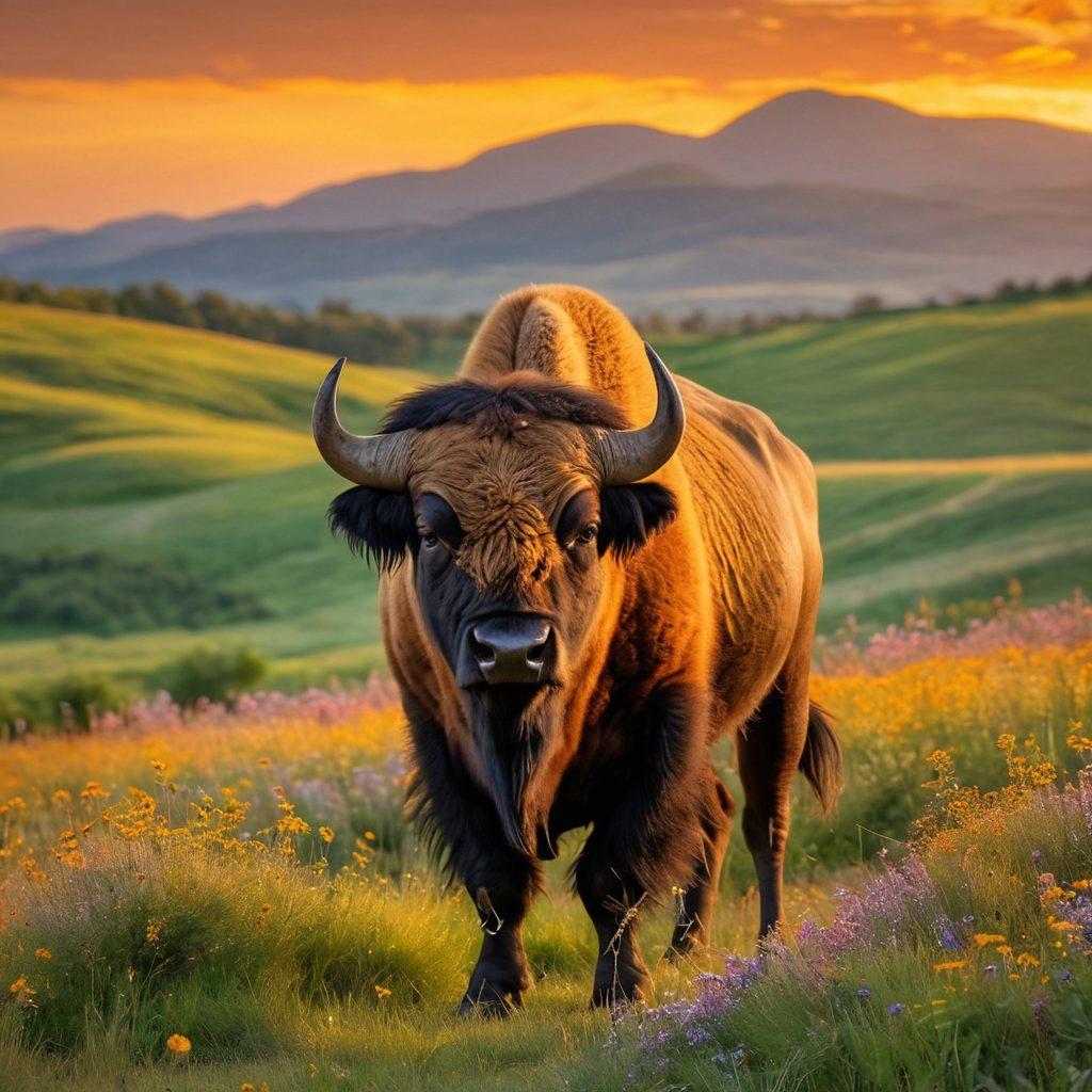 A stunning photograph of a buffalo standing majestically in a golden sunset, surrounded by a serene landscape of rolling hills and wildflowers, symbolizing love and connection in nature. The scene captures the essence of tenderness, with a soft focus on the buffalo's eyes and a warm color palette. Include subtle elements like a gentle breeze rustling the grass and distant mountains in the background. super-realistic. warm colors. vibrant sunset.